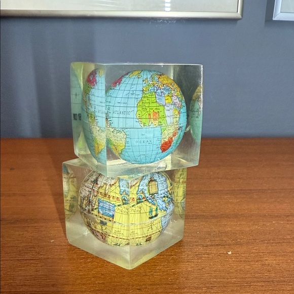 vintage lucite or acrylic paperweight featuring a miniature world globe - Picture 2 of 10